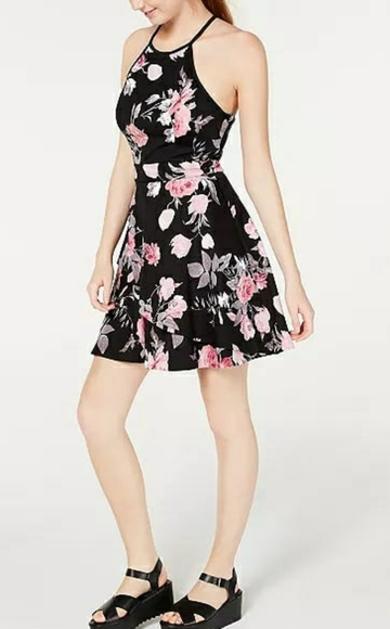 Speechless Juniors Halter Floral Scuba D BlackPink - Picture 2 of 4